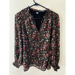 Old Navy Chiffon Shiny Peasant Top Blouse Size M Keyhole Smocked Long Sleeve